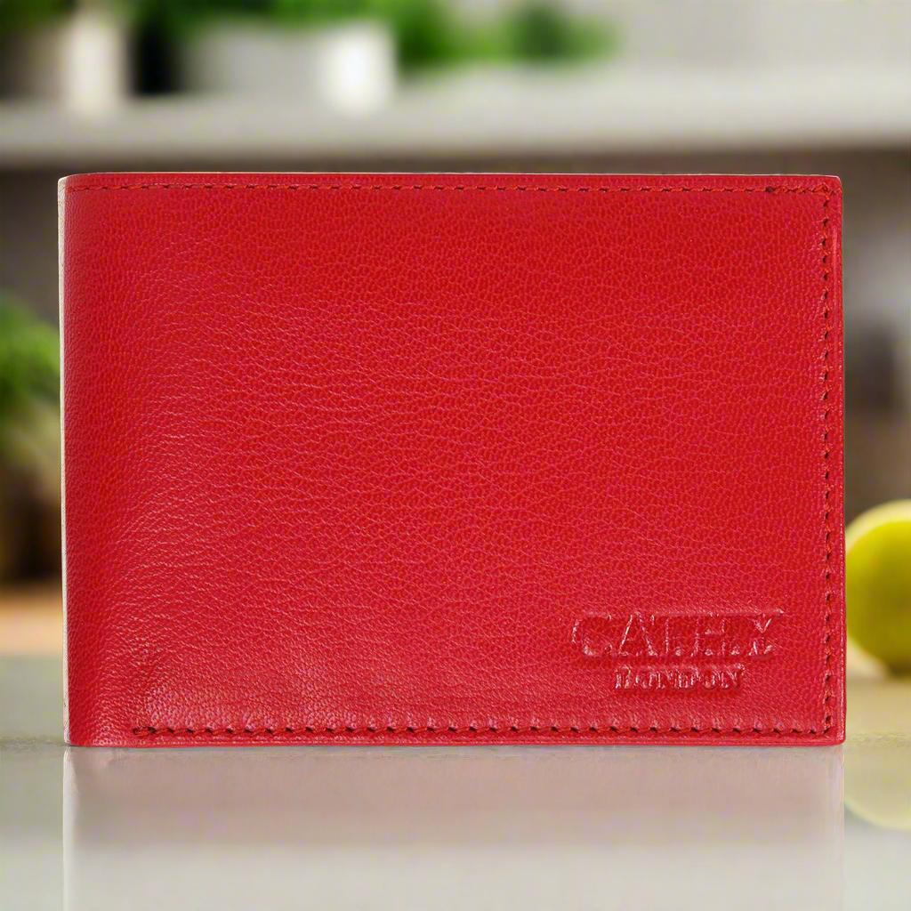 Red Colour Bi-Fold Italian Leather Slim Wallet ( 8 Card Slot + 2 ID Slot + 2 Hidden Compartment + Cash Compartment)