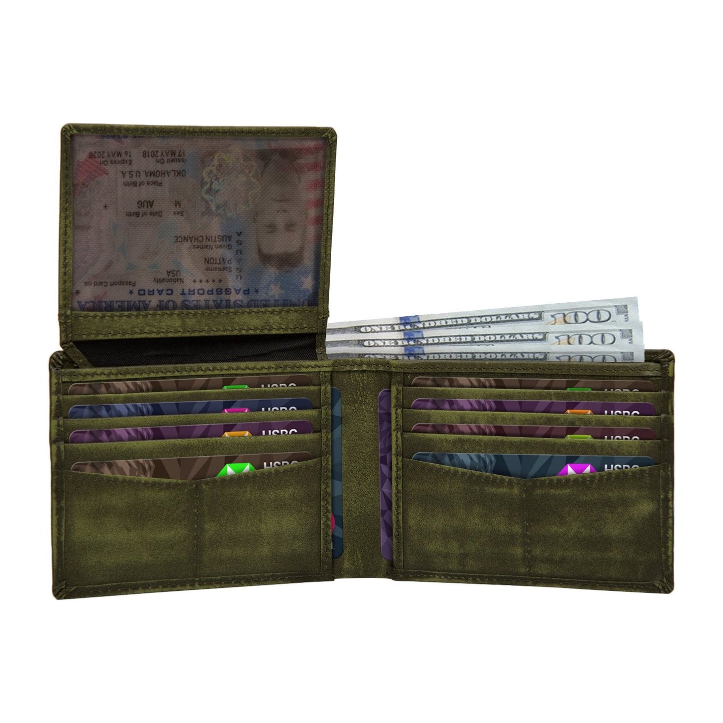 Olive Colour Bi-Fold Italian Leather Slim Wallet ( 8 Cards Slot + 2 ID Slot + 2 Hidden Compartment + Cash Compartment)