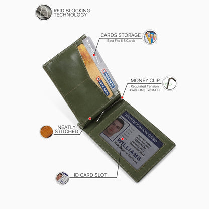 Olive Colour Bi-Fold Italian Leather Money Clip Card Holder/Slim Wallet (4 Cards + 1 ID Slot + Mone Clip )