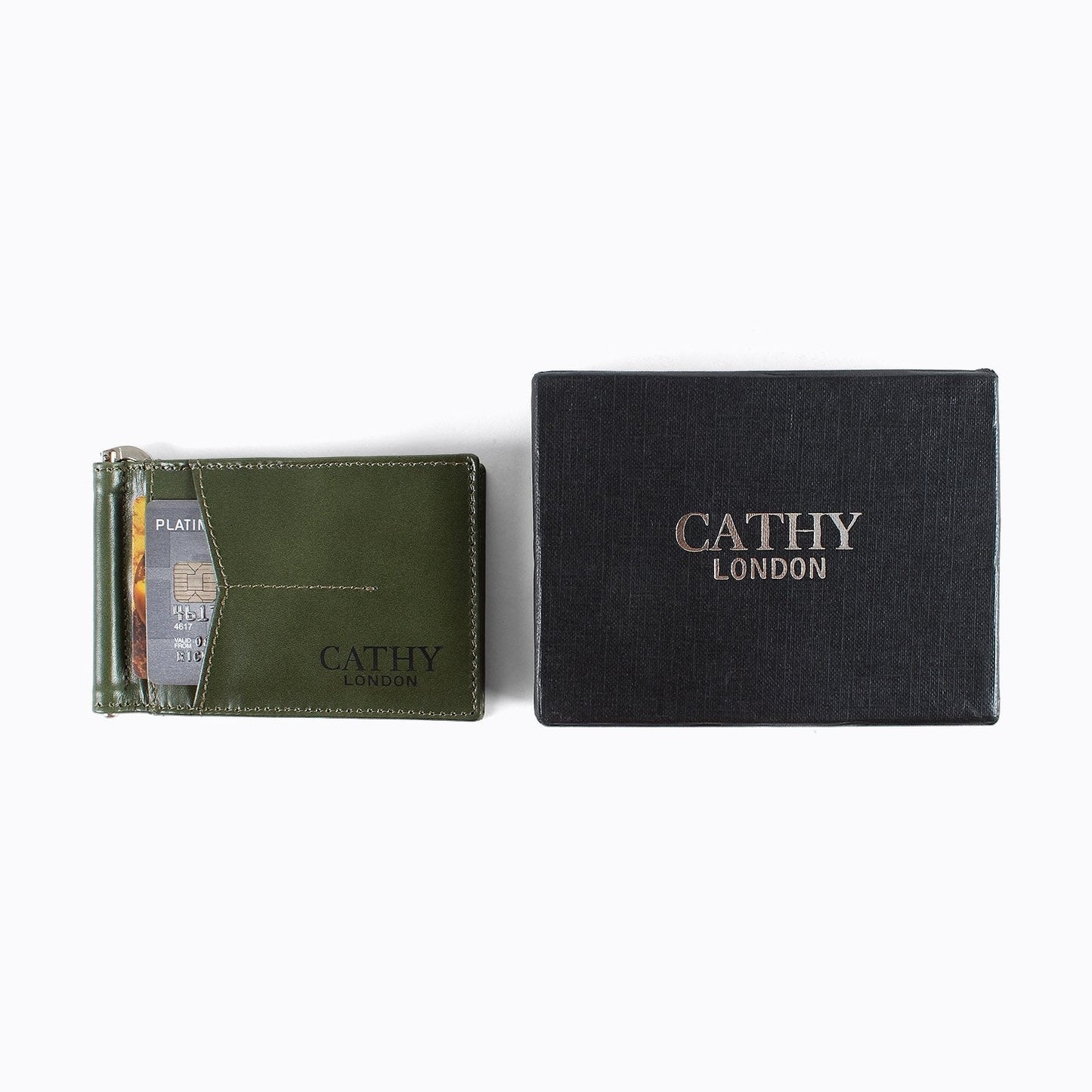 Olive Colour Bi-Fold Italian Leather Money Clip Card Holder/Slim Wallet (4 Cards + 1 ID Slot + Mone Clip )