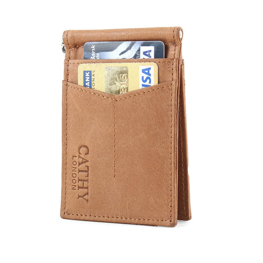 Brown Colour Bi-Fold Italian Leather Money Clip Card Holder/Slim Wallet (4 Cards + 1 ID Slot + Mone Clip )