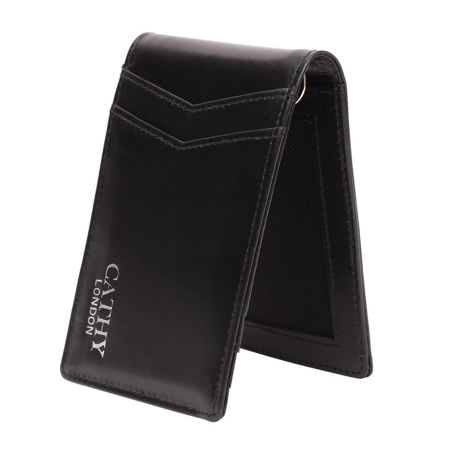 Black Colour Bi-Fold Italian Leather Money Clip Card Holder/Slim Wallet (8 Card Slot +ID Slot +Money Clip) Cathy London 