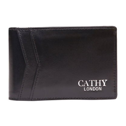 Black Colour Bi-Fold Italian Leather Money Clip Card Holder/Slim Wallet (8 Card Slot +ID Slot +Money Clip) Cathy London 