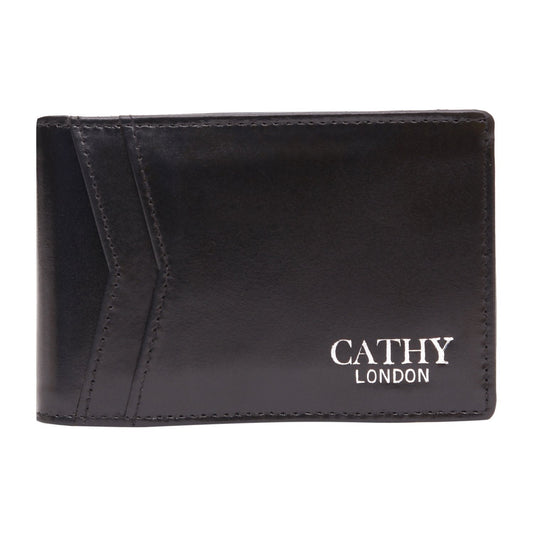 Black Colour Bi-Fold Italian Leather Money Clip Card Holder/Slim Wallet (8 Card Slot +ID Slot +Money Clip) Cathy London 