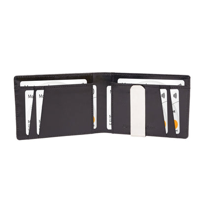 Black Colour Bi-Fold Italian Leather Money Clip Card Holder/Slim Wallet (9 Card Slot + Money Clip + Coin Pocket) Cathy London 