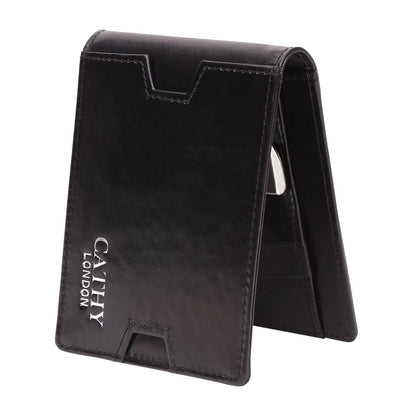 Black Colour Bi-Fold Italian Leather Money Clip Card Holder/Slim Wallet (9 Card Slot + Money Clip + Coin Pocket) Cathy London 