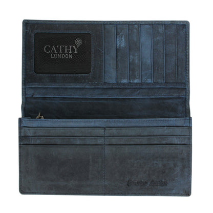 Blue Colour Italian Leather Long Wallet/Card Holder for Men & Woman (12 Card Slot + 1 ID Slot + Cash Compartment) Cathy London 