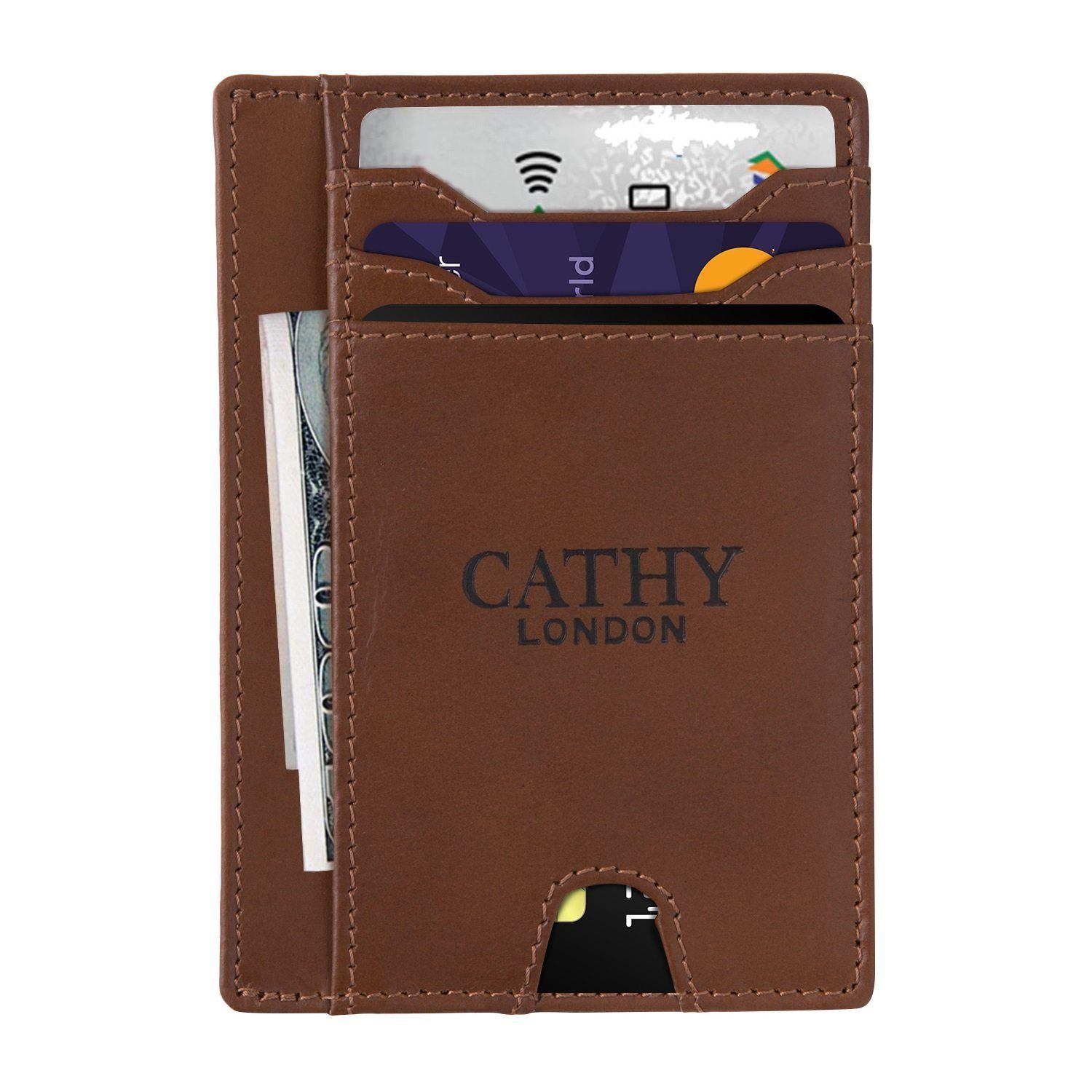 Brown Colour Italian Leather Card Holder/Slim Wallet (5 Card Slot + 1 ID Slot + Cash Compartment) Cathy London 