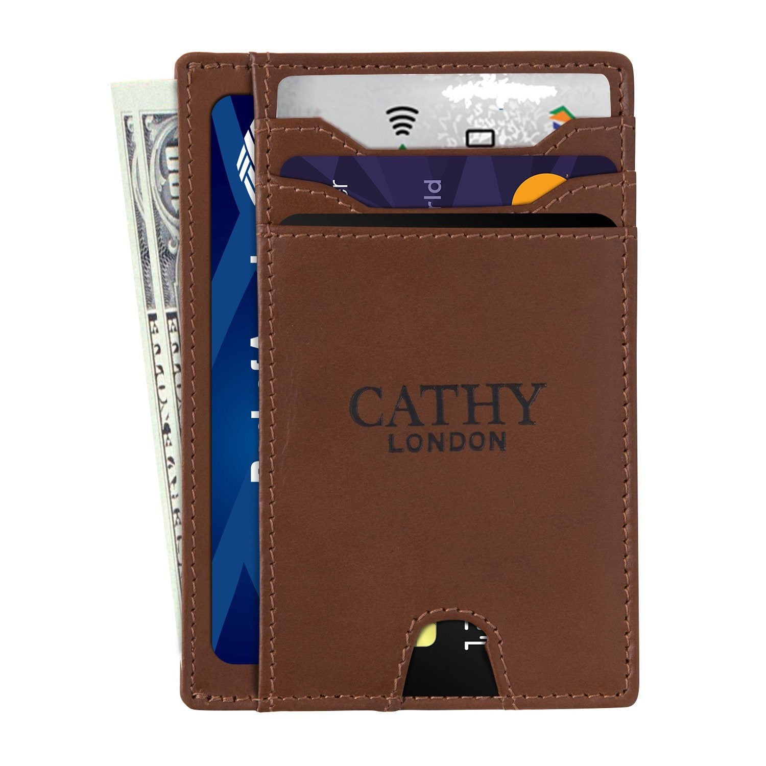 Brown Colour Italian Leather Card Holder/Slim Wallet (5 Card Slot + 1 ID Slot + Cash Compartment) Cathy London 