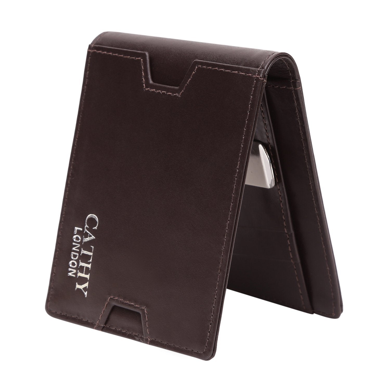 Coffee Colour Bi-Fold Italian Leather Money Clip Card Holder/Slim Wallet (9 Card Slot + Money Clip + Coin Pocket) Cathy London 