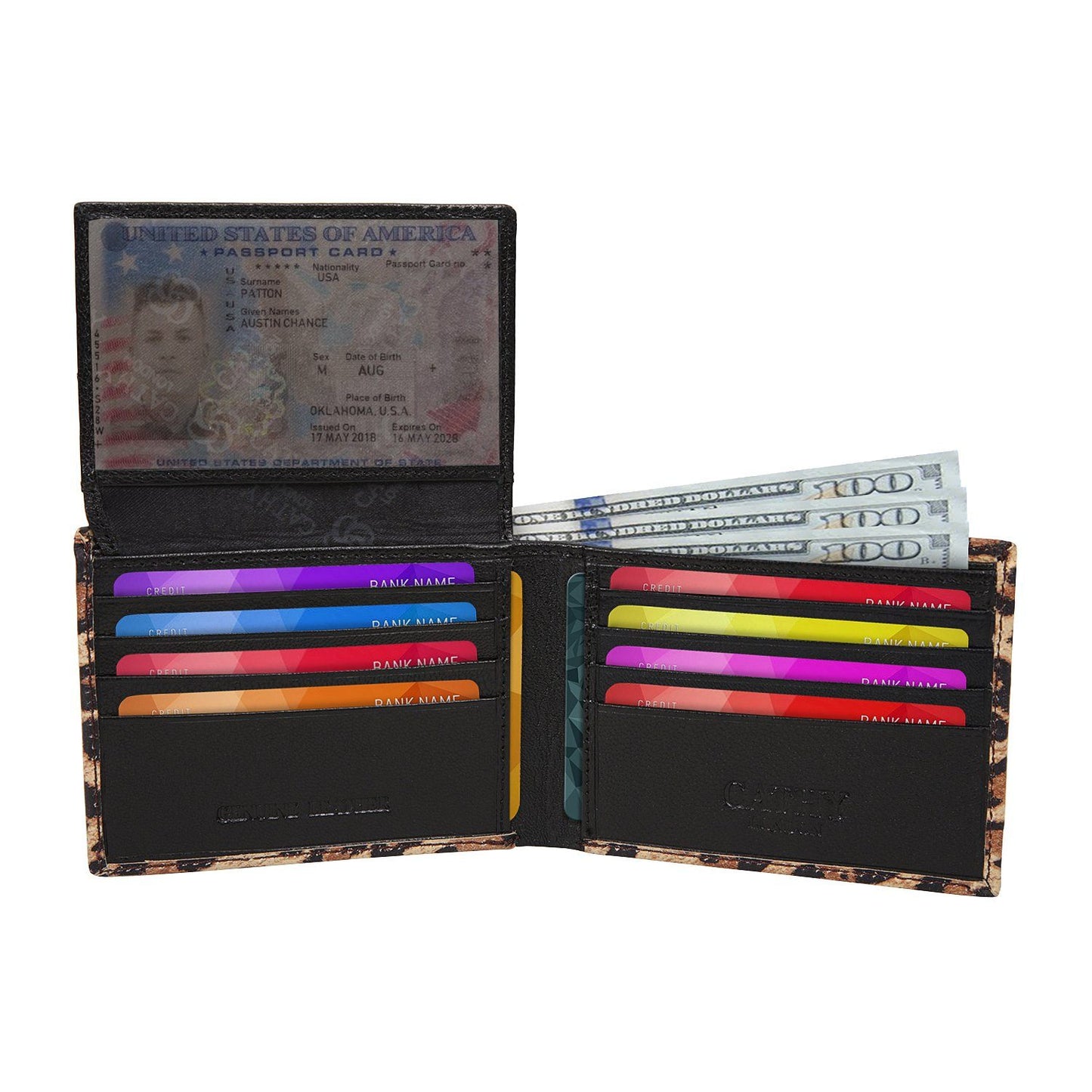 Leapard Colour Bi-Fold Italian Leather Slim Wallet ( 8 Card Slot + 2 ID Slot + 2 Hidden Compartment + Cash Compartment) Cathy London 