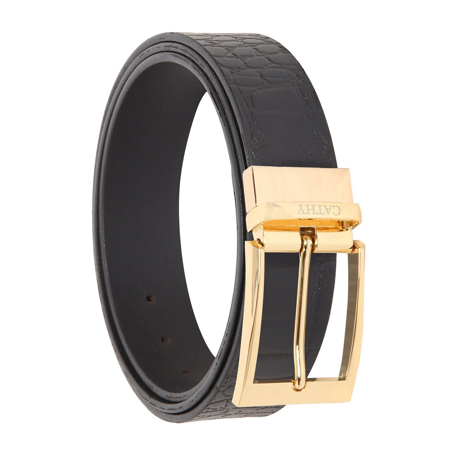 Men's Classic Dress Black Colour Belt Top Grain Italian Leather with Golden Metal Buckle Cathy-London 