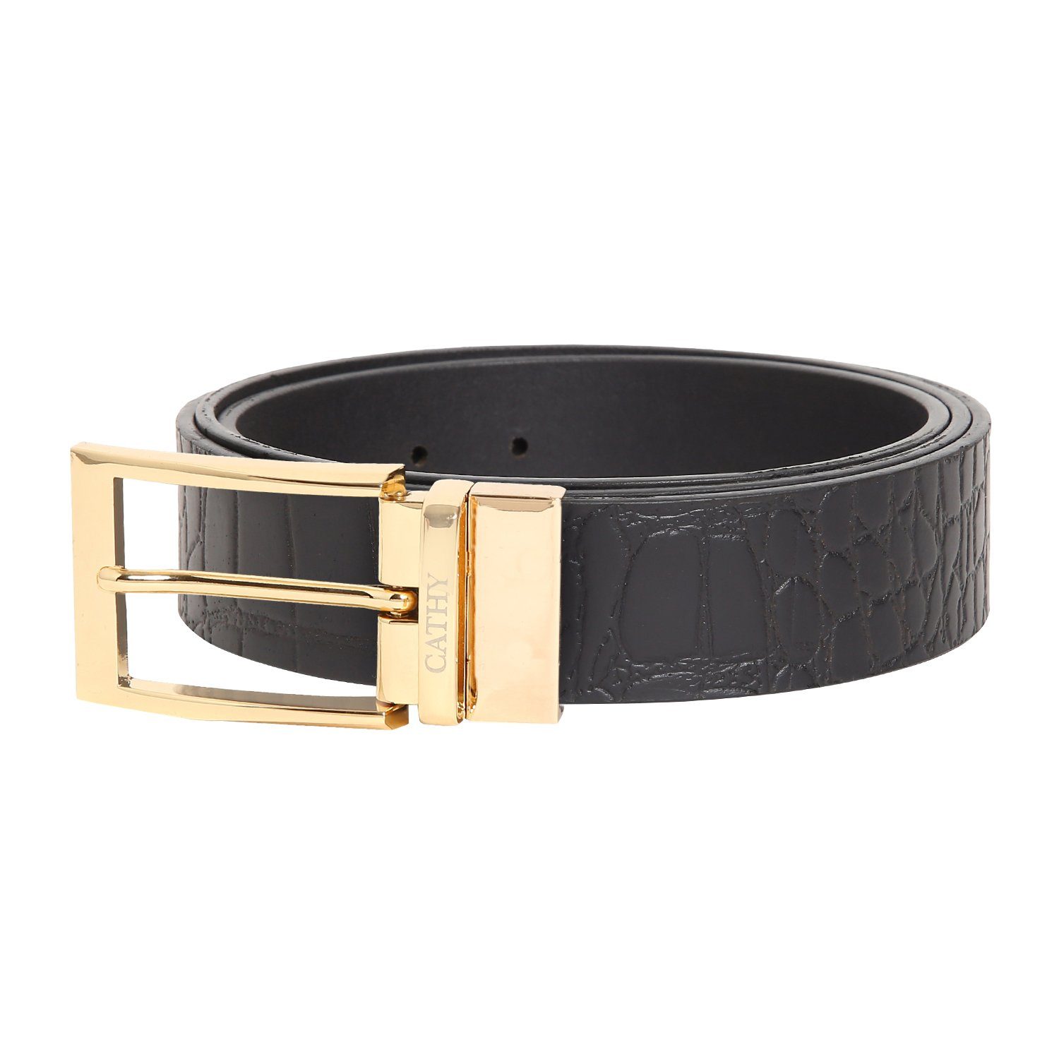 Men's Classic Dress Black Colour Belt Top Grain Italian Leather with Golden Metal Buckle Cathy-London 