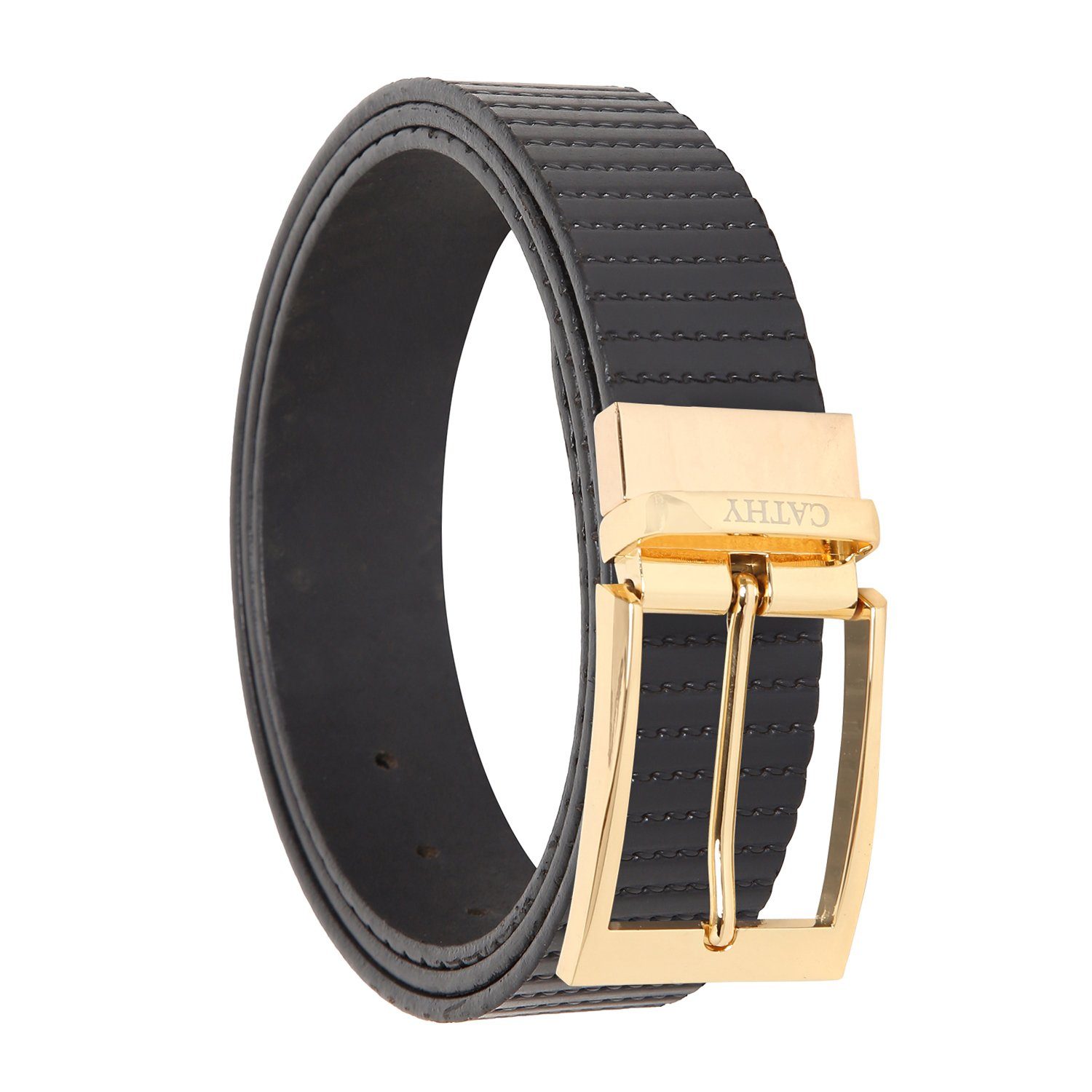 Men's Classic Dress Black Colour Belt Top Grain Italian Leather with Golden Metal Buckle Cathy-London 