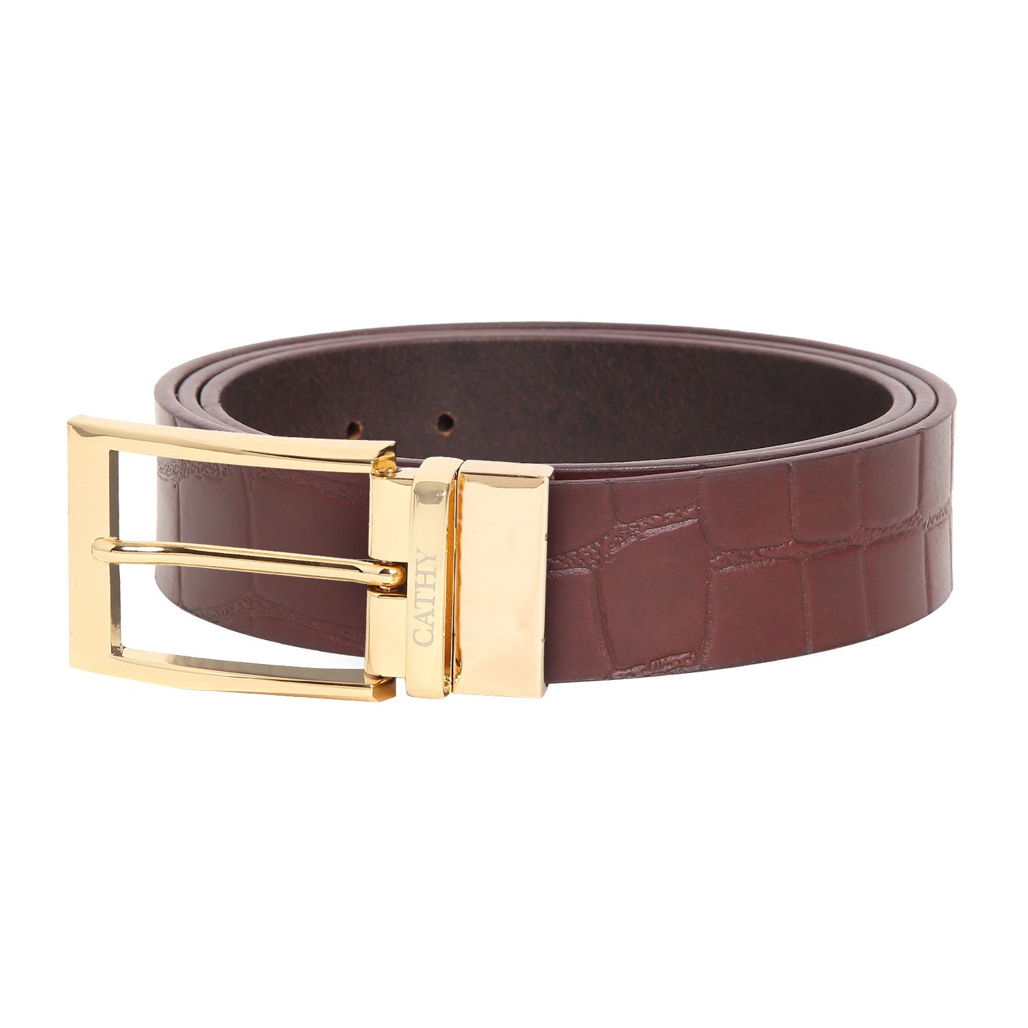 Men's Classic Dress Cherry Colour Belt Top Grain Italian Leather with Golden Metal Buckle Cathy-London 