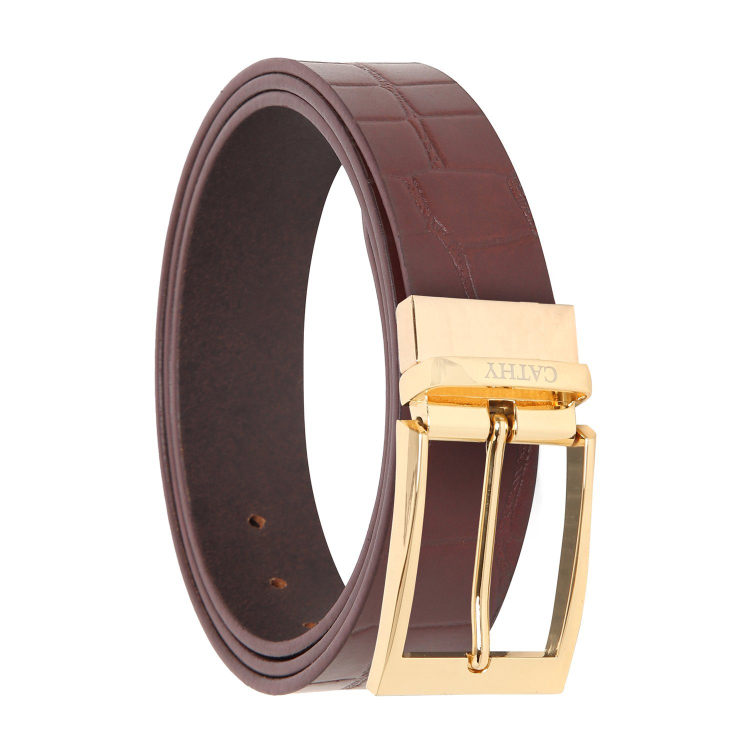 Men's Classic Dress Cherry Colour Belt Top Grain Italian Leather with Golden Metal Buckle Cathy-London 