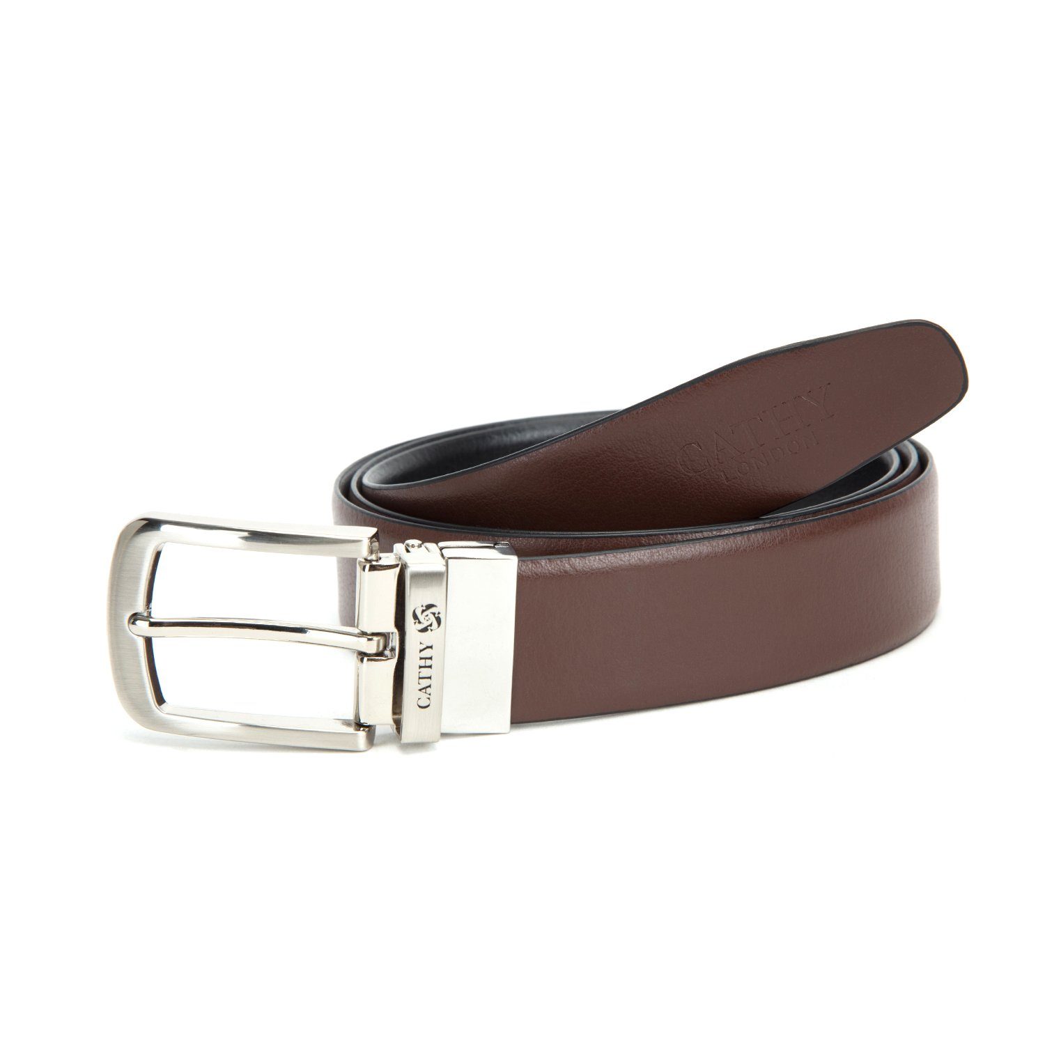 Men's Reversible Classic Dress Belt Top Grain Italian Leather Black & Brown with Rotating Silver Metal Buckle Cathy-London 