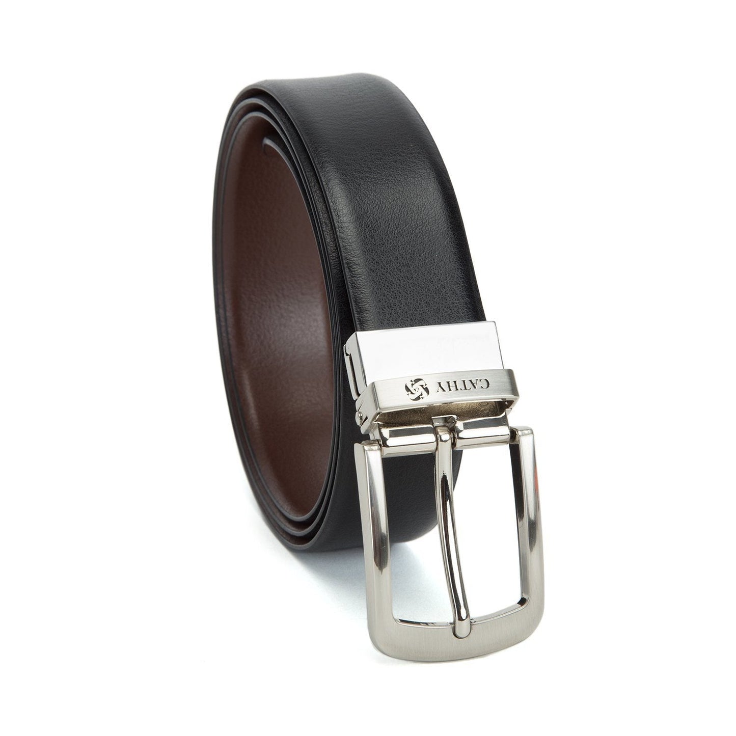 Men's Reversible Classic Dress Belt Top Grain Italian Leather Black & Brown with Rotating Silver Metal Buckle Cathy-London 