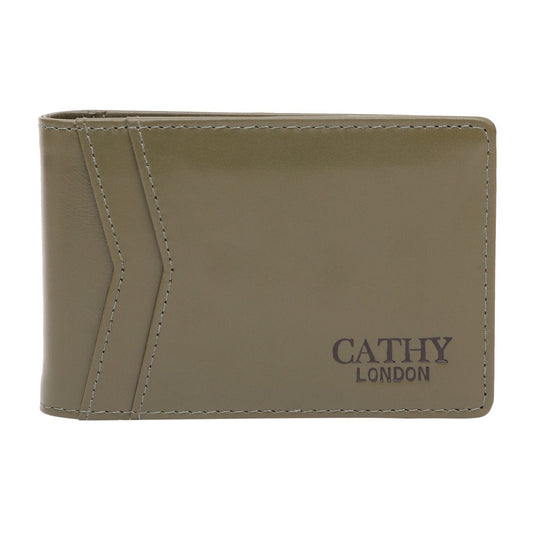 Olive Colour Bi-Fold Italian Leather Money Clip Card Holder/Slim Wallet (8 Card Slot +ID Slot +Money Clip) Cathy London 