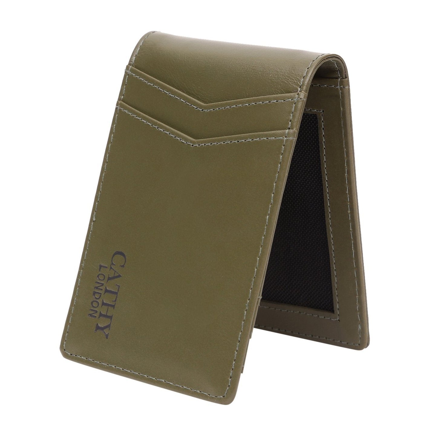 Olive Colour Bi-Fold Italian Leather Money Clip Card Holder/Slim Wallet (8 Card Slot +ID Slot +Money Clip) Cathy London 