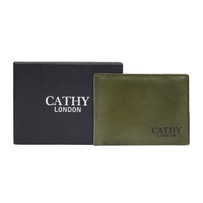 Olive Colour Bi-Fold Italian Leather Slim Wallet (8 Card Slot + 2 ID Slot + 2 Hidden Compartment + Cash Compartment) Cathy London 