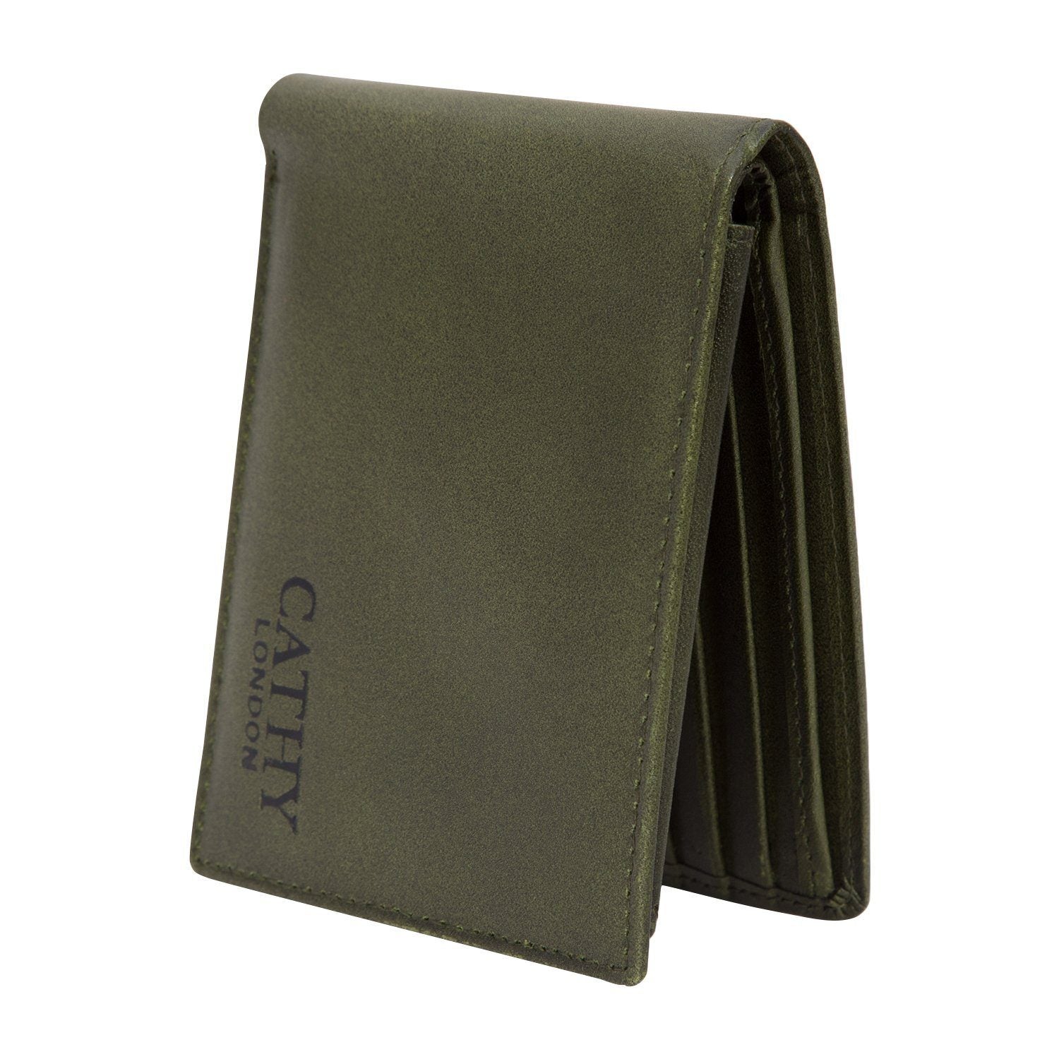 Olive Colour Bi-Fold Italian Leather Slim Wallet (8 Card Slot + 2 ID Slot + 2 Hidden Compartment + Cash Compartment) Cathy London 