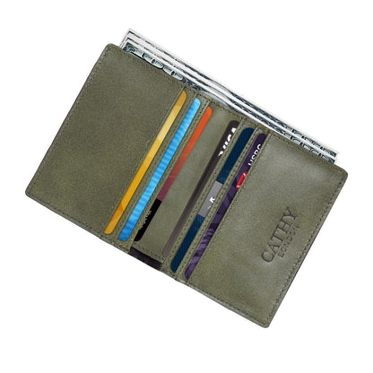 Olive Colour Bi-Fold Italian Leather Slim Wallet/Card Holder (6 Card Slot + 2 ID Slot + Cash Compartment) Cathy London 