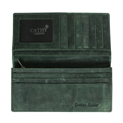 Olive Colour Italian Leather Long Wallet/Card Holder for Men & Woman (12 Card Slot + 1 ID Slot + Cash Compartment) Cathy London 