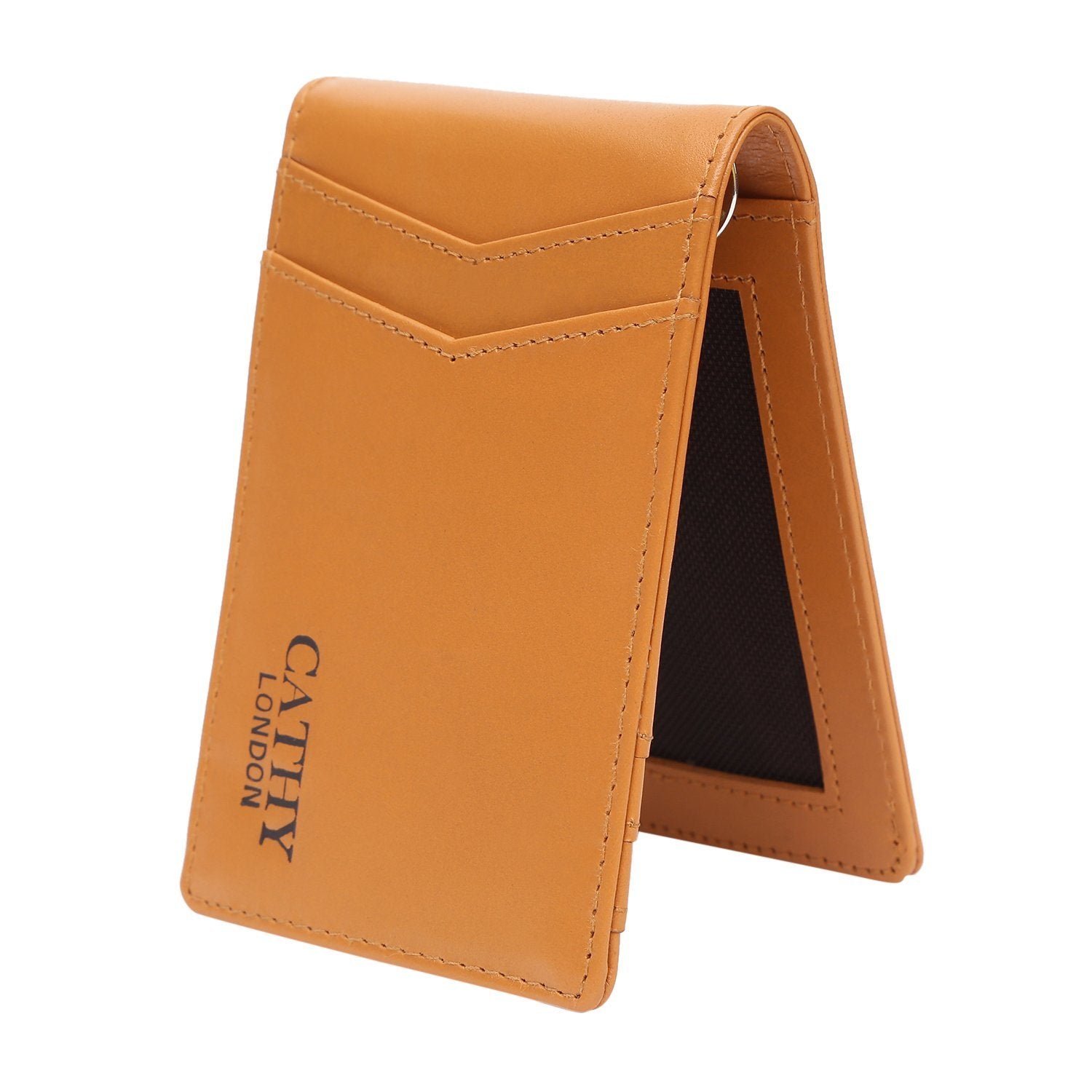 Tan Colour Bi-Fold Italian Leather Money Clip Card Holder/Slim Wallet (8 Card Slot +ID Slot +Money Clip) Cathy London 