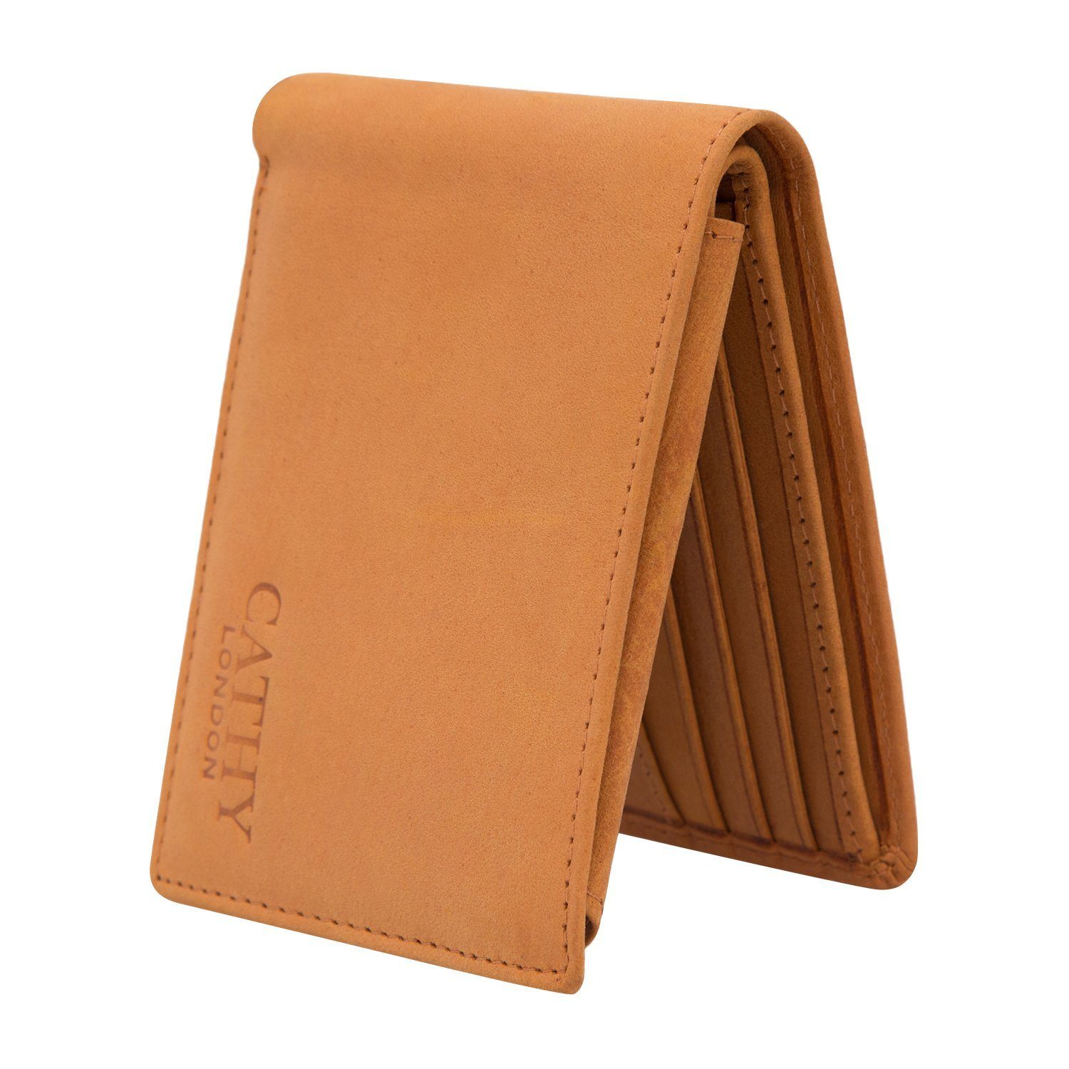 Tan Colour Bi-Fold Italian Leather Slim Wallet (8 Card Slot + 2 ID Slot + 2 Hidden Compartment + Cash Compartment) Cathy__London 